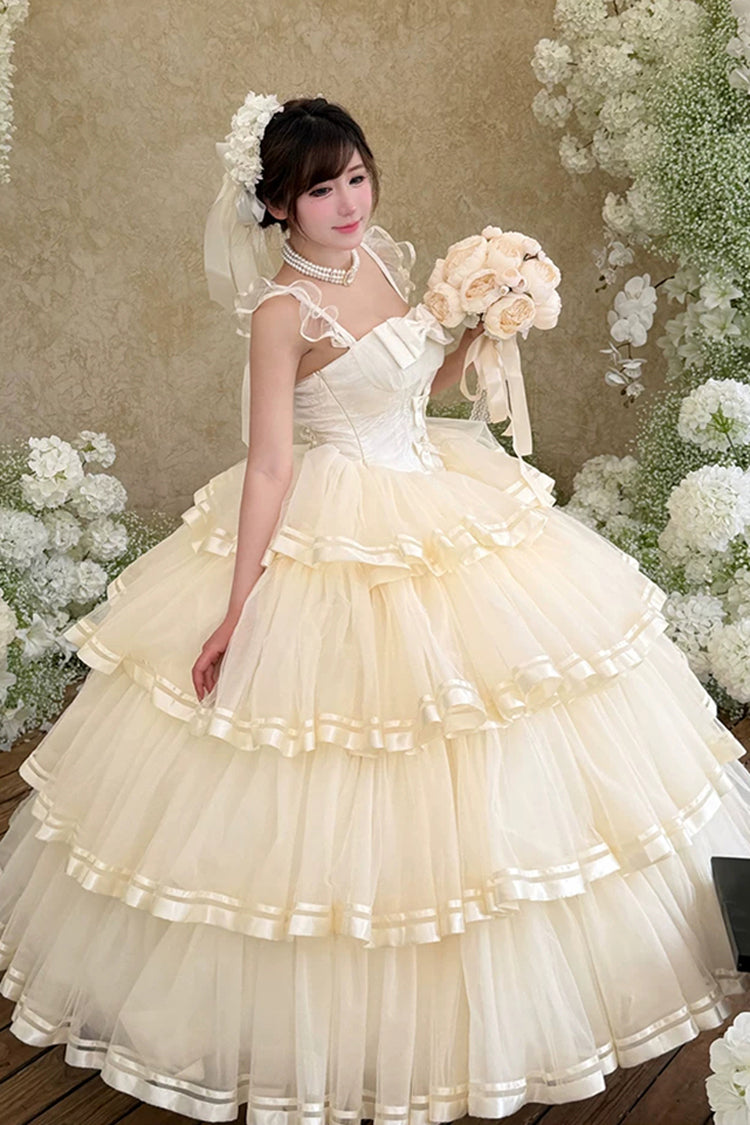 Apricot [Sweet Organza Satin] Sleeveless Multi-Layered Ruffled Hanayome Bow Lace Sweet Elegant Princess Lolita Jsk Dress