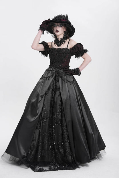 Black Off Shoulder Short Sleeves Jacquard Cardigan Stitching Lace Women's Gothic Dress