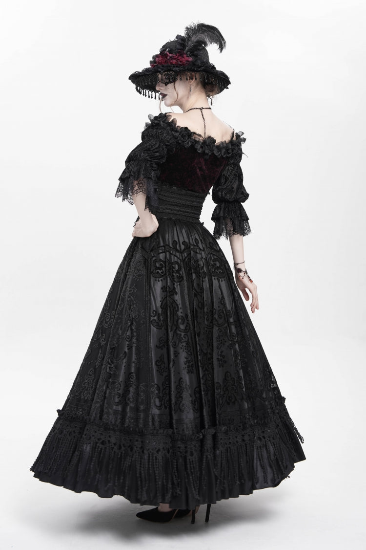 Black Jacquard Embroidery Buckle Tassels Women's Gothic Long Skirt
