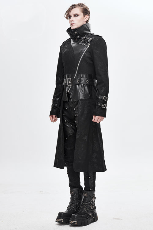 Black Open Collar Printed Belted Long Mens Punk Coat