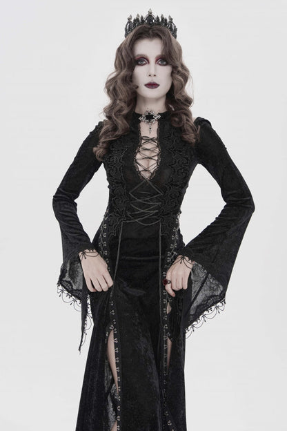 Black Halterneck Long Trumpet Sleeves Hanayome Lace Lace-Up Slim Chain-Decorated Women's Gothic Dress Plunging Split Maxi Dress