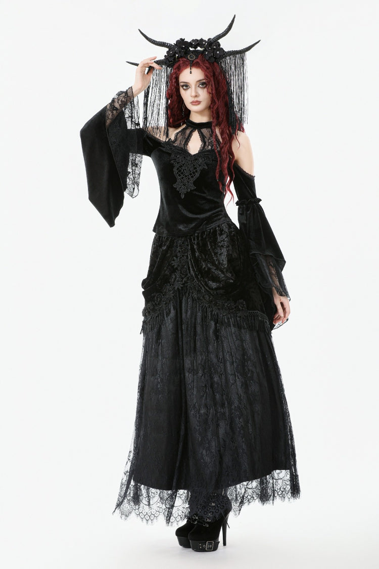 Black Off Shoulder Halterneck Long Trumpet Sleeves Cut-Out Lace Spliced Velvet Gothic Palace Top