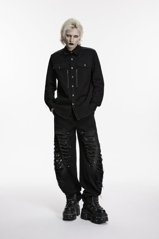 Black Lapel Collar Long Sleeves Zippered Men's Punk Cool Shirt