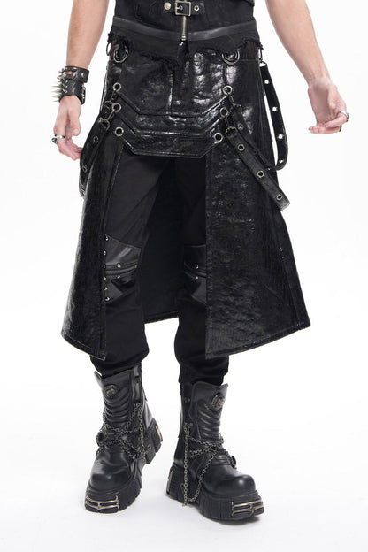 Black Faux Leather Stitching Eyelets Strap Rings Men's Gothic Skirt