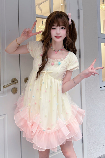 Apricot/Pink [Bubble Lover] Short Puff Sleeves Multi-Layered Ruffle Lace Sweet Princess Lolita Dress