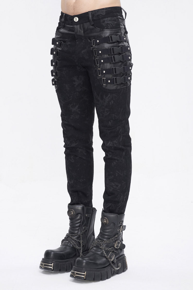 Black Multi Buckle Distressed  Print Men's Punk Pants