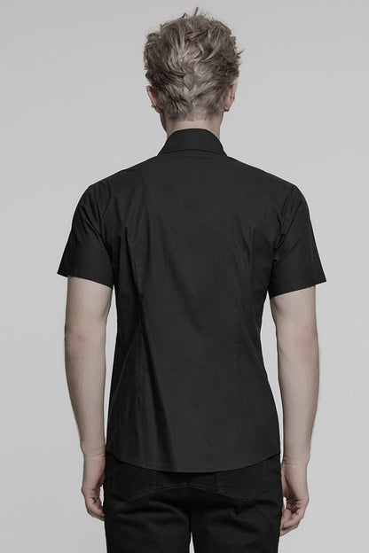 Black Lapel Collar Short Sleeves Men's Pocket Eyelet Punk Blouse