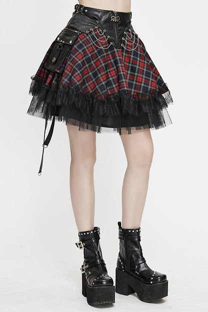 Black And Red Punk Lace Up Scottish Plaid Womens Skirts With Bag