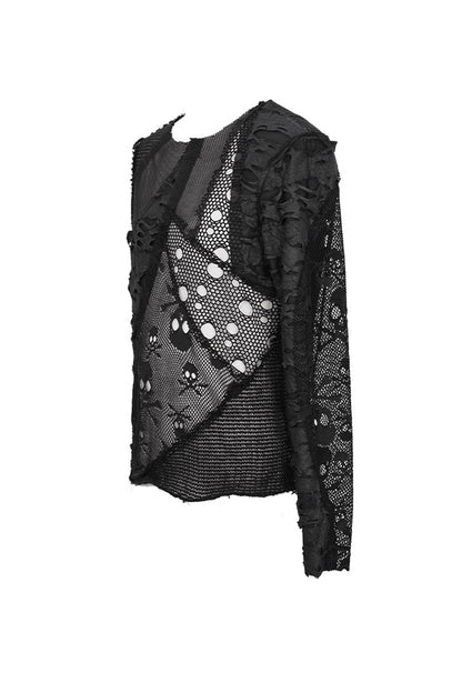 Black A Variety Of Mesh Materials Stitching Unedged Broken Holes Round Collar Men's Punk T-Shirt