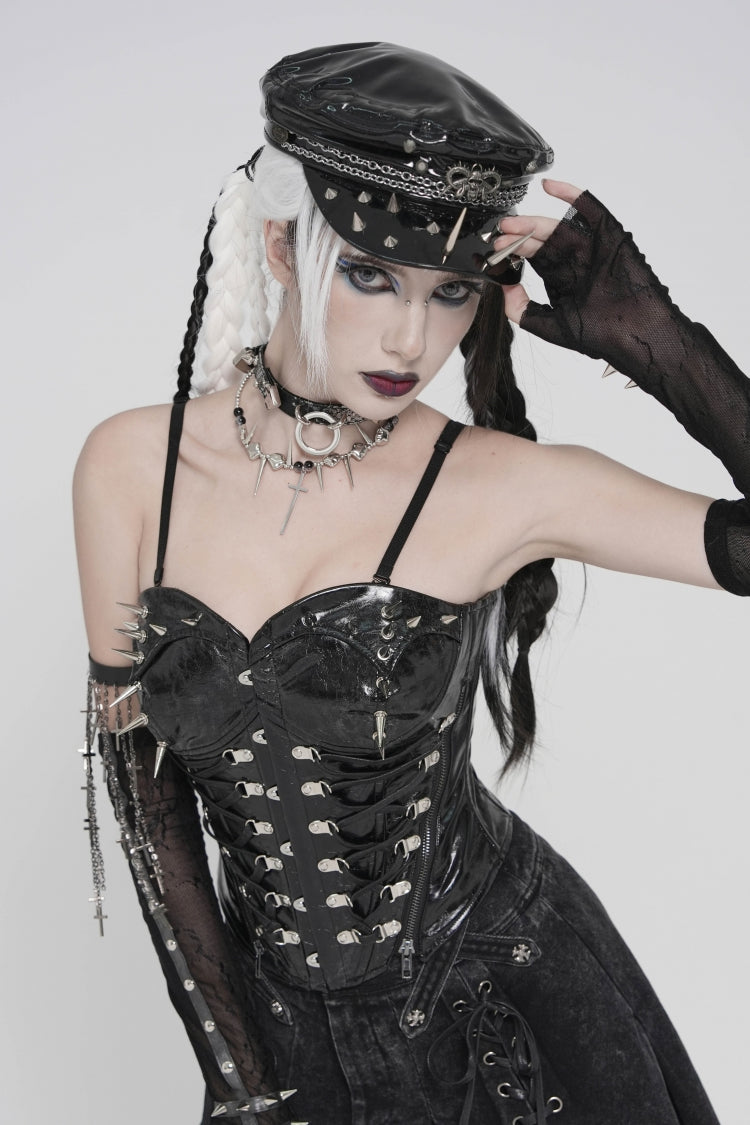 Black Lace-Up Slim Studded Zippered Women's Punk Corset