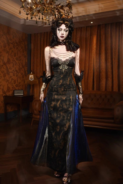 Black Gilded European Style V Collar Sleeveless Print Ruffle Lace Slim Gothic Lolita Jsk Dress