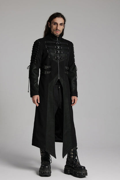 Black Buckle-up Rivets Long Sleeves Lace-Up Men's Punk Long Jacket