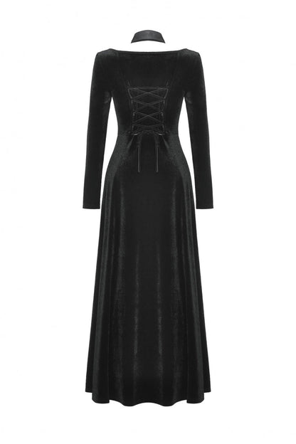 Black Long Sleeves Cut-Out Lace-Up Women's Gothic Side Slit Velvet Party Dress Wedding Dress