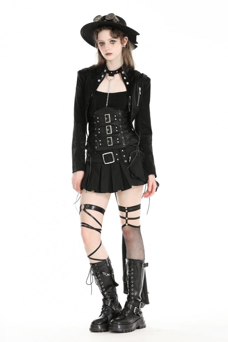Black Long Sleeves Spliced Lace-Up Women's Gothic High Low Faux Leather Long Tail Jacket