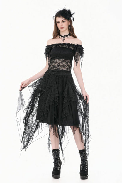 Black Off Shoulder Floral Sheer Lace Women's Gothic Top