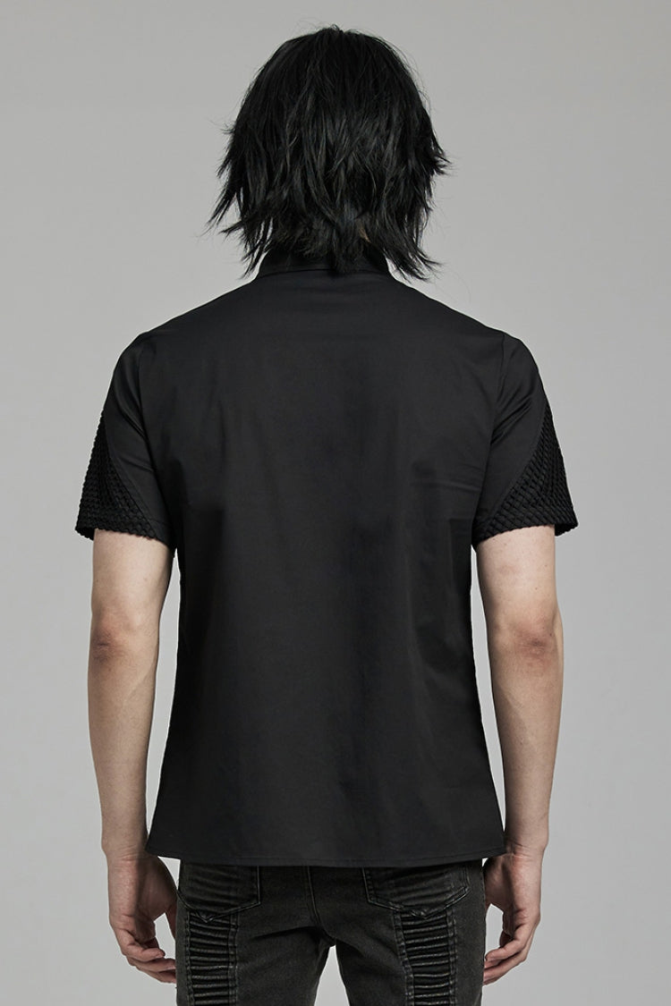 Black Lapel Collar Short Sleeves Mesh Stitching Men's Punk Blouse