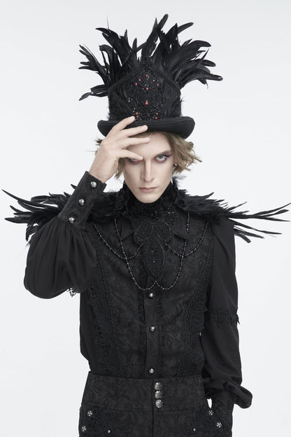 Black Embroidered Men's Gothic Palace Accessory Floral Feather Top Hat