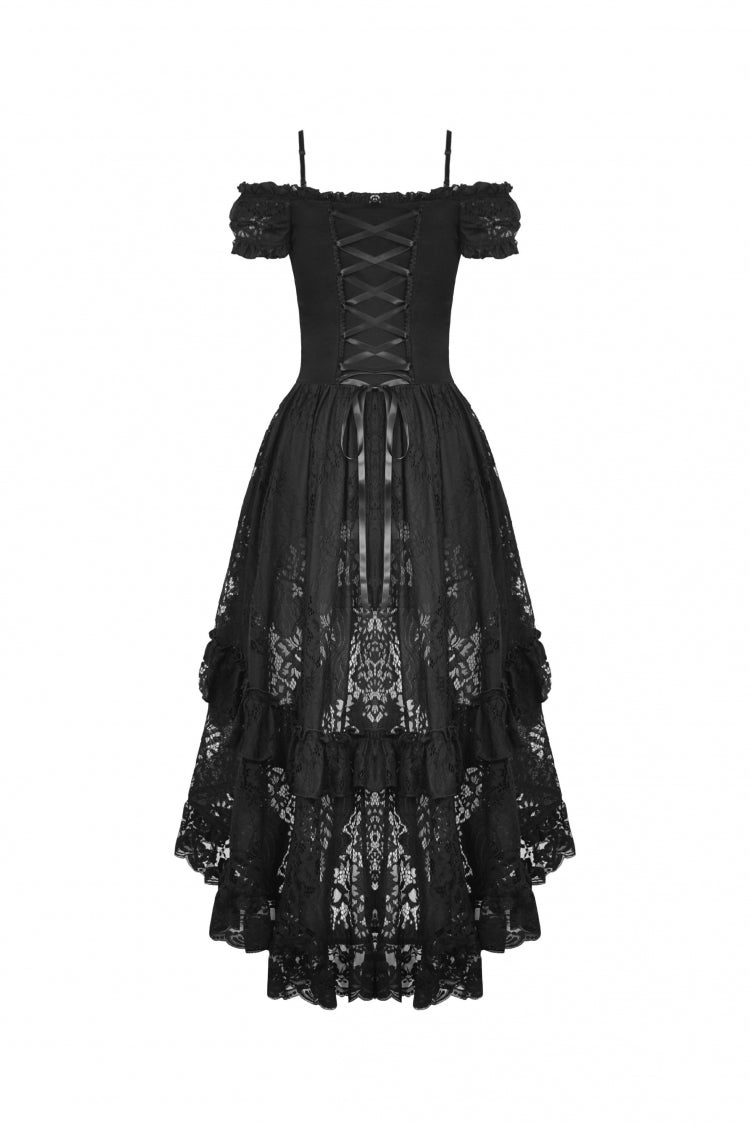 Black Boat Neck Off Shoulder Short Puff Sleeves Ruffled Lace Lace-Up Irregular Women's Gothic Dovetail Dress