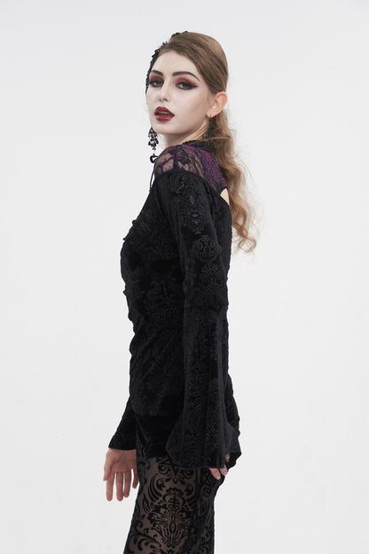 Black Cutout Flared Sleeved Floral Embossed Women's Gothic Shirt