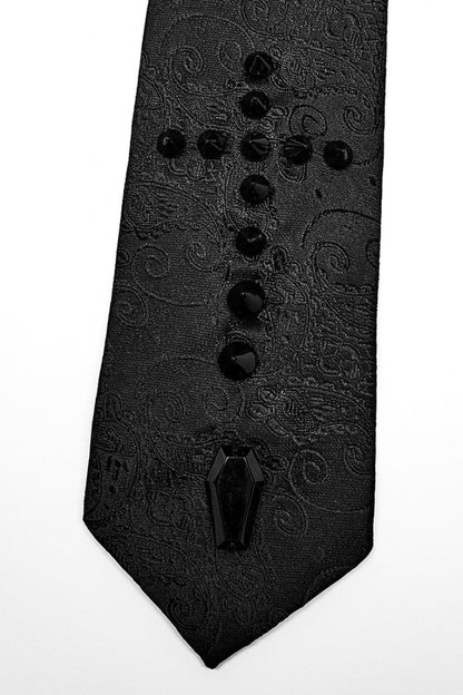 Black Cross Spike Print Embroidery Men's Gothic Tie