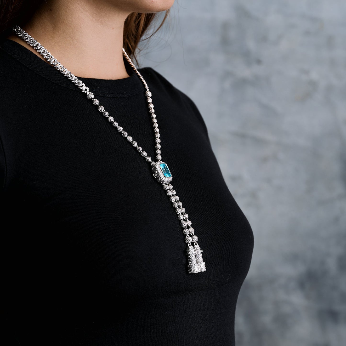 Blue Iced Rock Adjustable Cloister Chain Necklace in White Gold