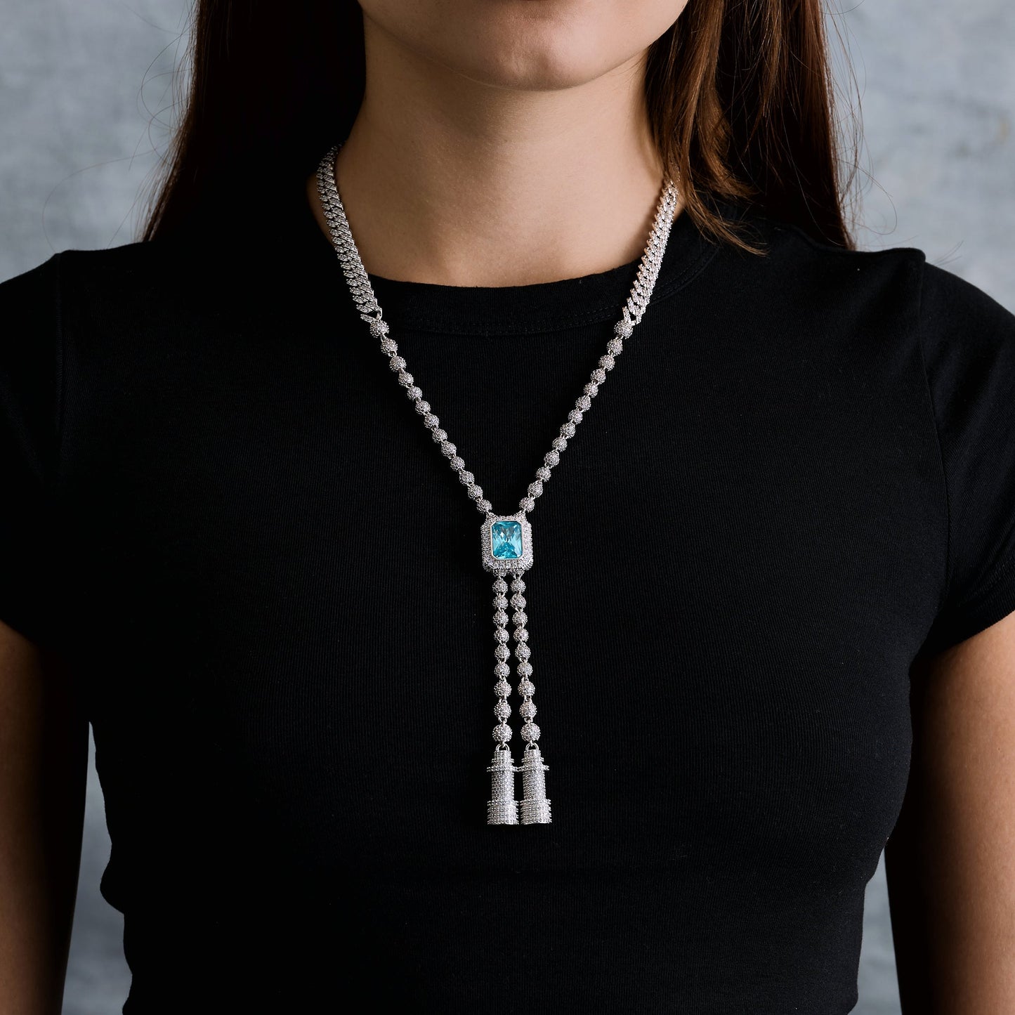 Blue Iced Rock Adjustable Cloister Chain Necklace in White Gold
