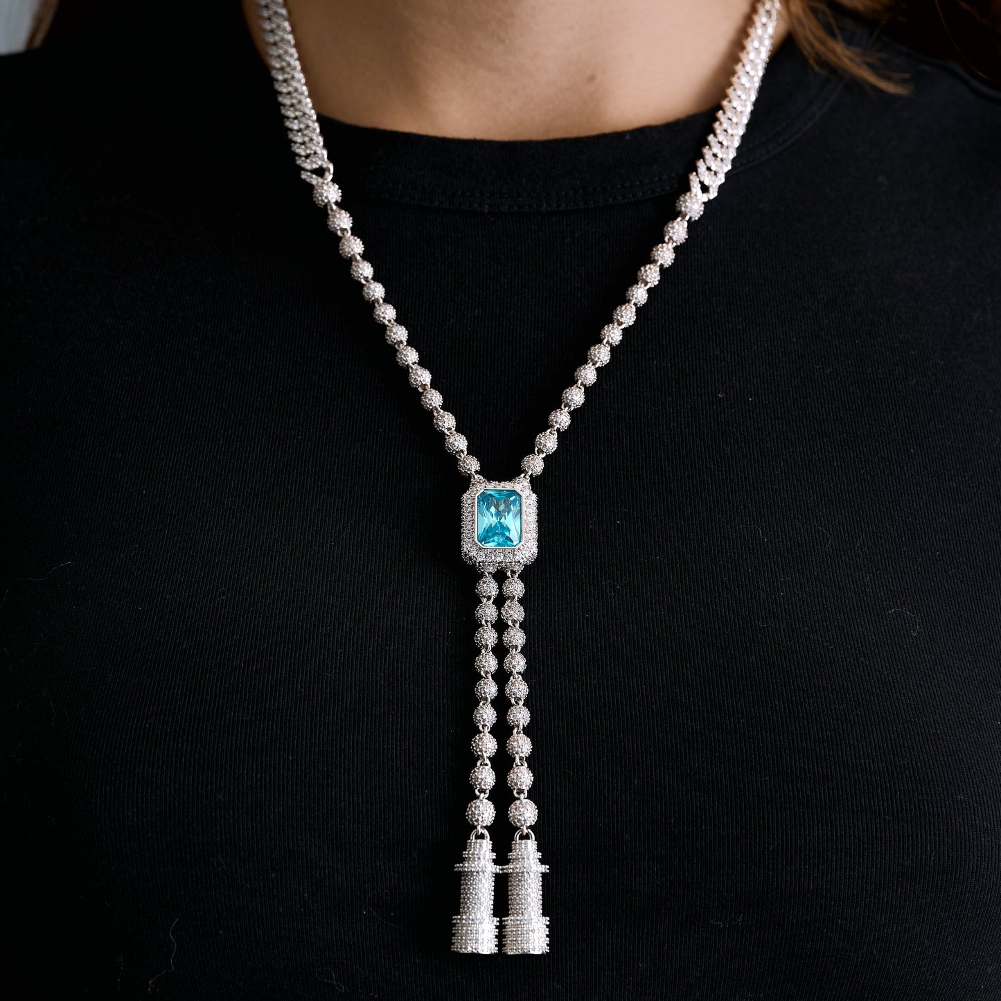 Blue Iced Rock Adjustable Cloister Chain Necklace in White Gold