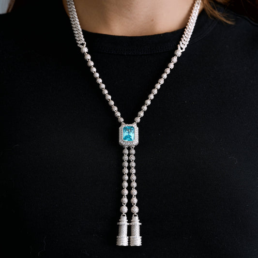 Blue Iced Rock Adjustable Cloister Chain Necklace in White Gold