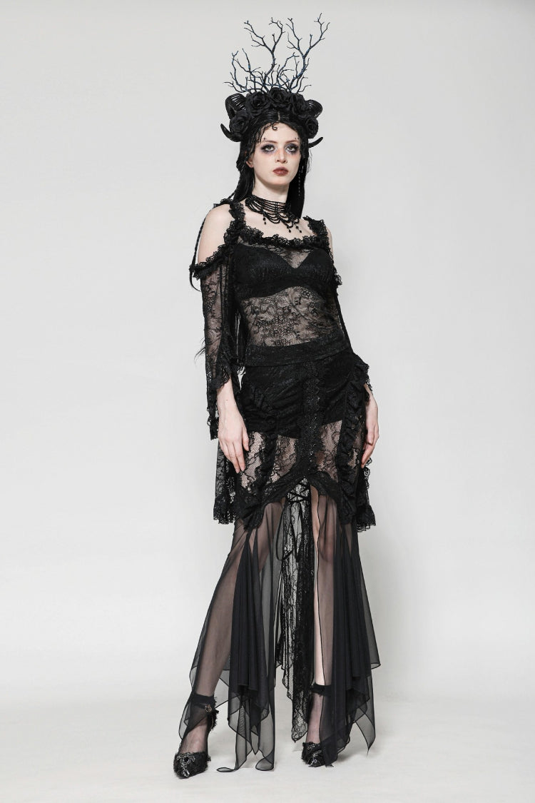 Black Lace-Up Mesh Spliced Lace Women's Gothic Fishtailed Skirt