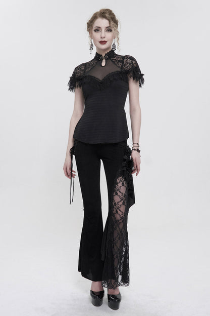 Black Chinese Style V-Neck Nail Drill Chest Stitching Mesh Raglan Sleeves Gothic Cheongsam Style Women's Slim T-Shirt