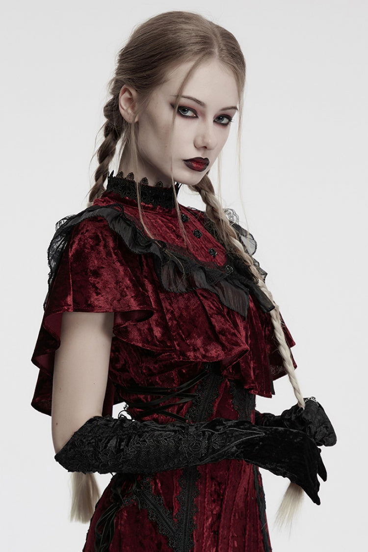 Black Floral Embroidery Lace-Up Women's Gothic Gloves
