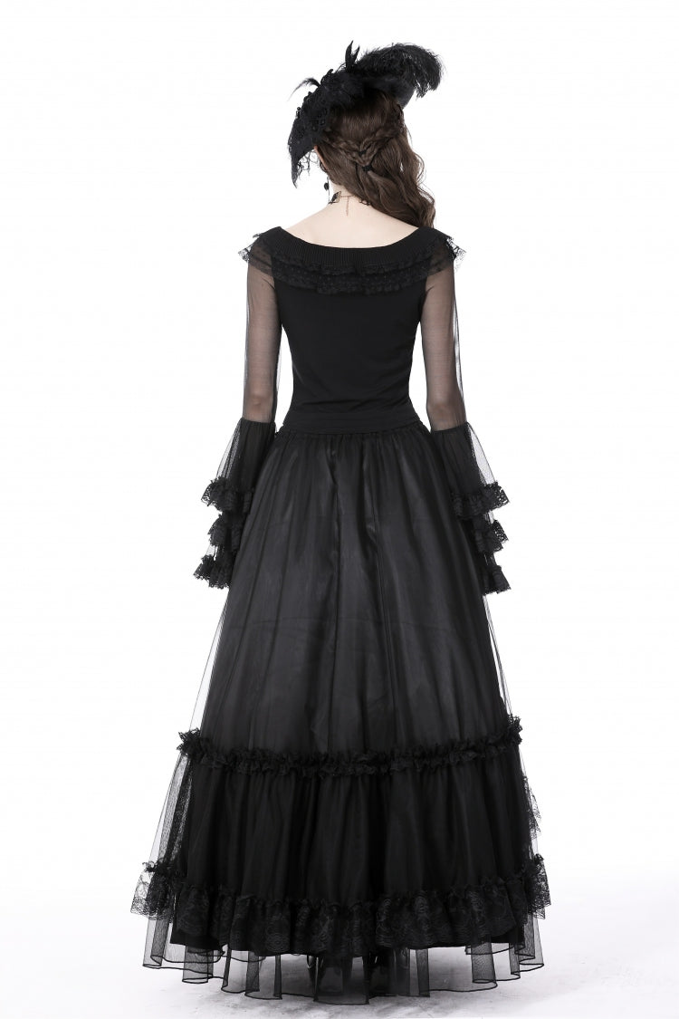 Black Multi-Layered Ruffled Lace Long Trumpet Sleeves Women's Gothic Princess Sexy Top