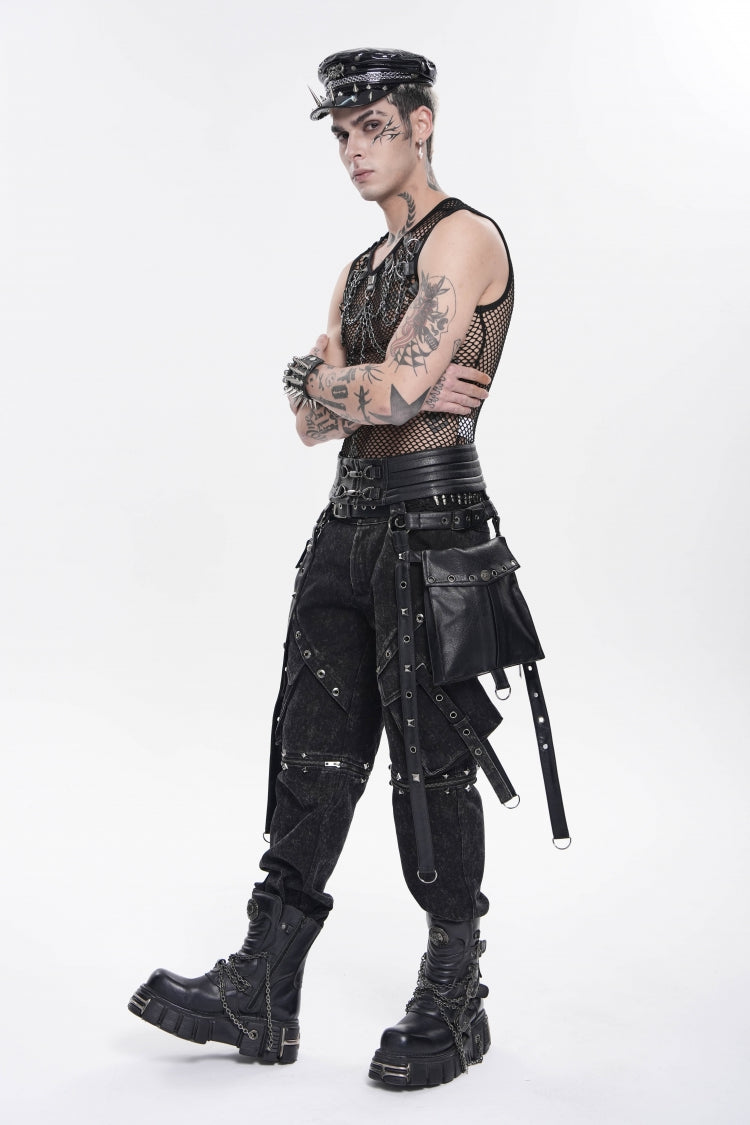 Black Lace-Up Studded Buckled Zippered Eyelet Men's Punk Cool Accessory with Pouches