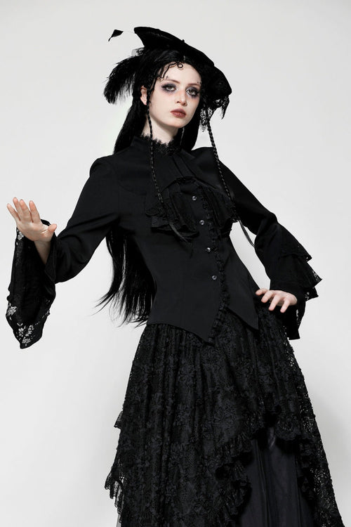 Black Lace Stand Collar Multi-Layered Ruffled Long Flared Sleeves Women's Gothic Blouse