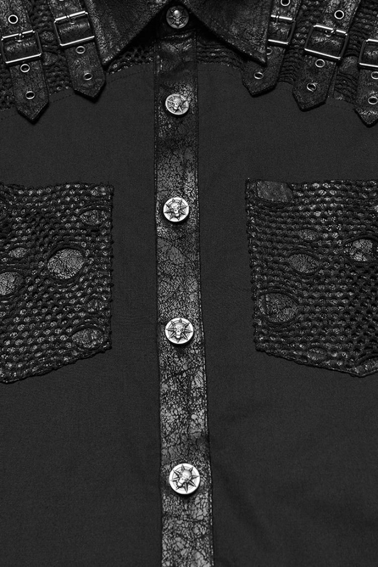 Black Lapel Collar Long Sleeves Stitching Buckle Straps Men's Punk Blouse