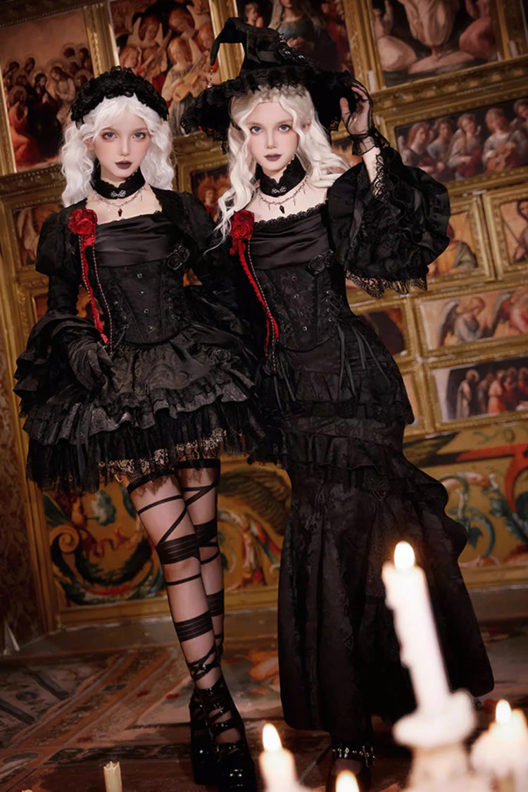 Black  [Letters & Poems · Twilight] Multi-Layered Jacquard Ruffled Witch Gothic Lolita Skirt 2 Versions