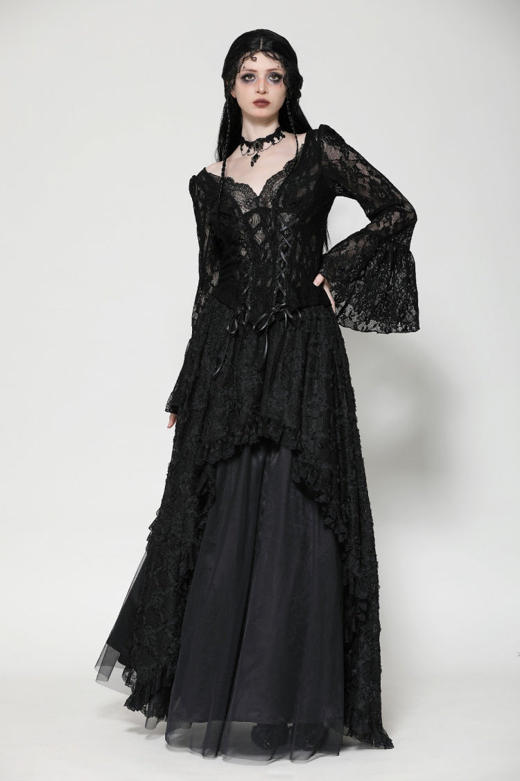 Black Deep V Collar Long Trumpet Sleeves Lace Lace-Up Women's Gothic Corset Top