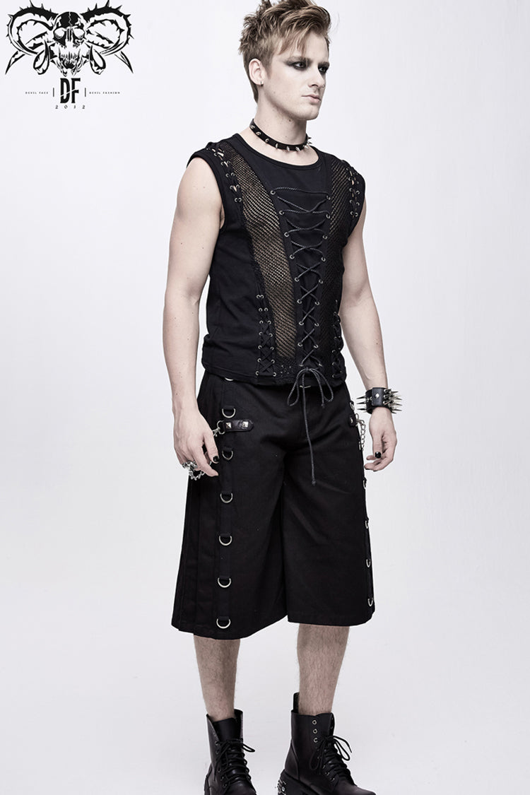 Black Chest Lace Up Splice Coarse Grain Men's Punk Vest