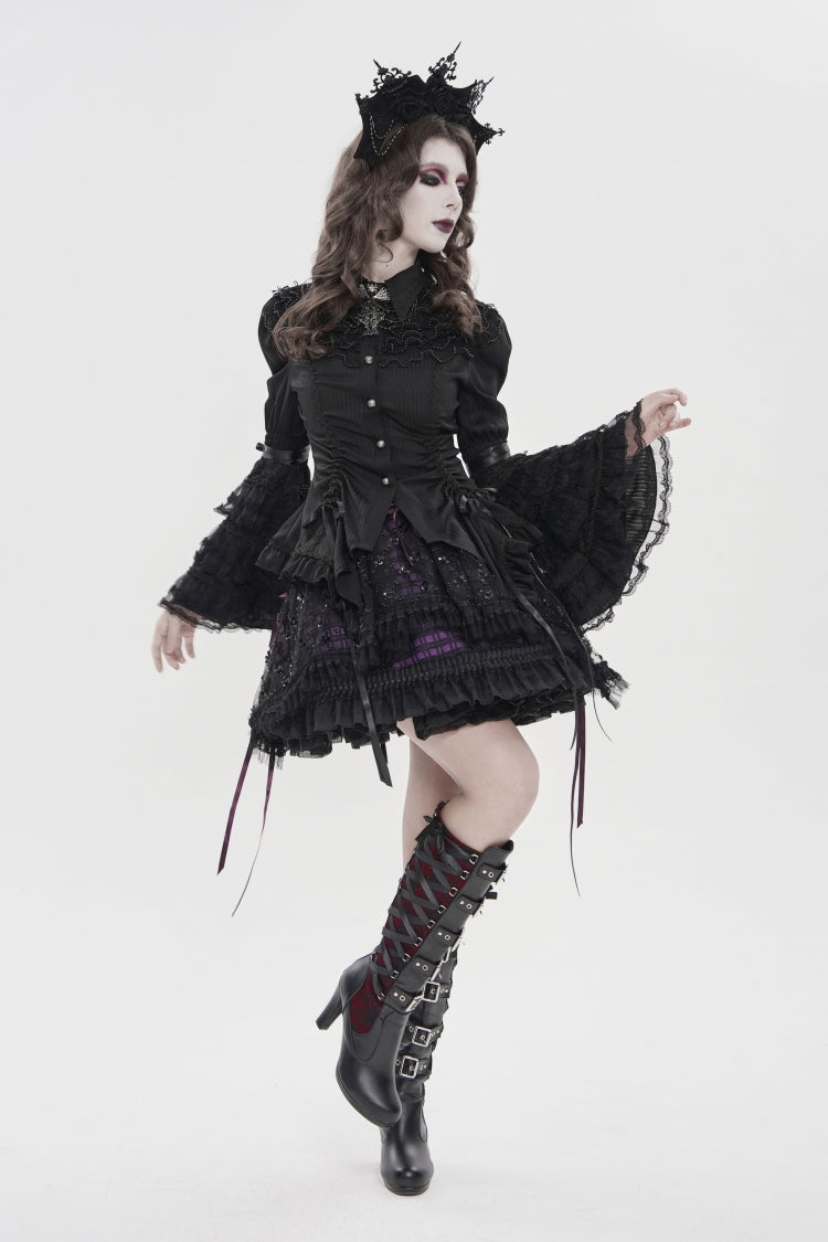 Black Lapel Collar Long Trumpet Sleeves Lace Lace-Up Women's Gothic Blouse