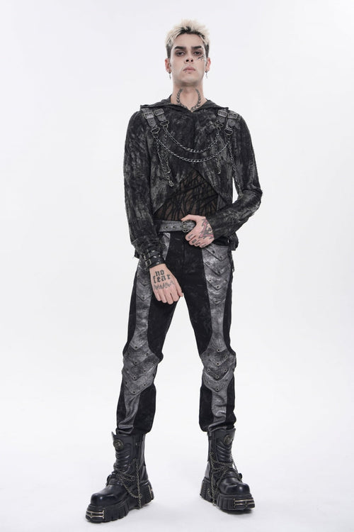 Black Long Sleeves Spliced Hooded Mesh Ripped Faux Two-Piece Zippered Eyelet Men's Punk T-Shirt