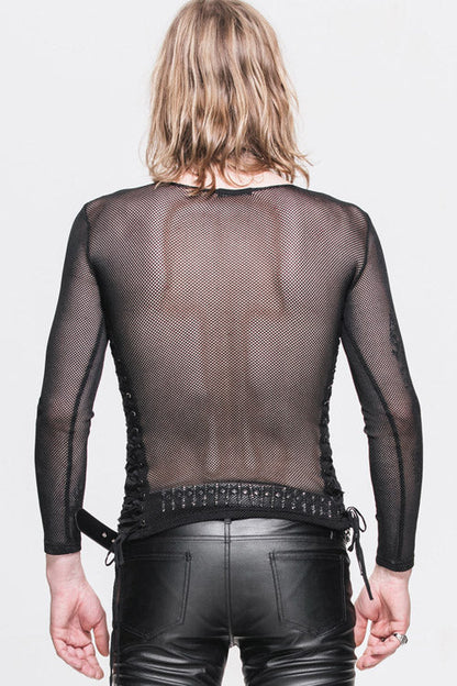 Black Diamond Shaped Mesh Round Neck Long Sleeves Mens Punk T-Shirt