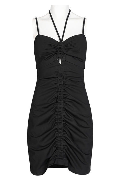 Black Knitted Stretch Hollow-Carved Design Drawstring Bodycon Shoulder Strap Halter Neck Women's Punk Dress