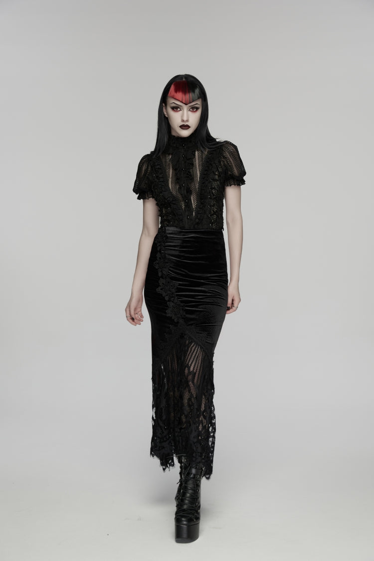 Black Embroidered Lace Slim Women's Gothic Fishtail Velvet Skirt