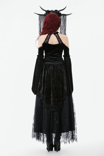 Black Off Shoulder Halterneck Long Trumpet Sleeves Cut-Out Lace Spliced Velvet Gothic Palace Top