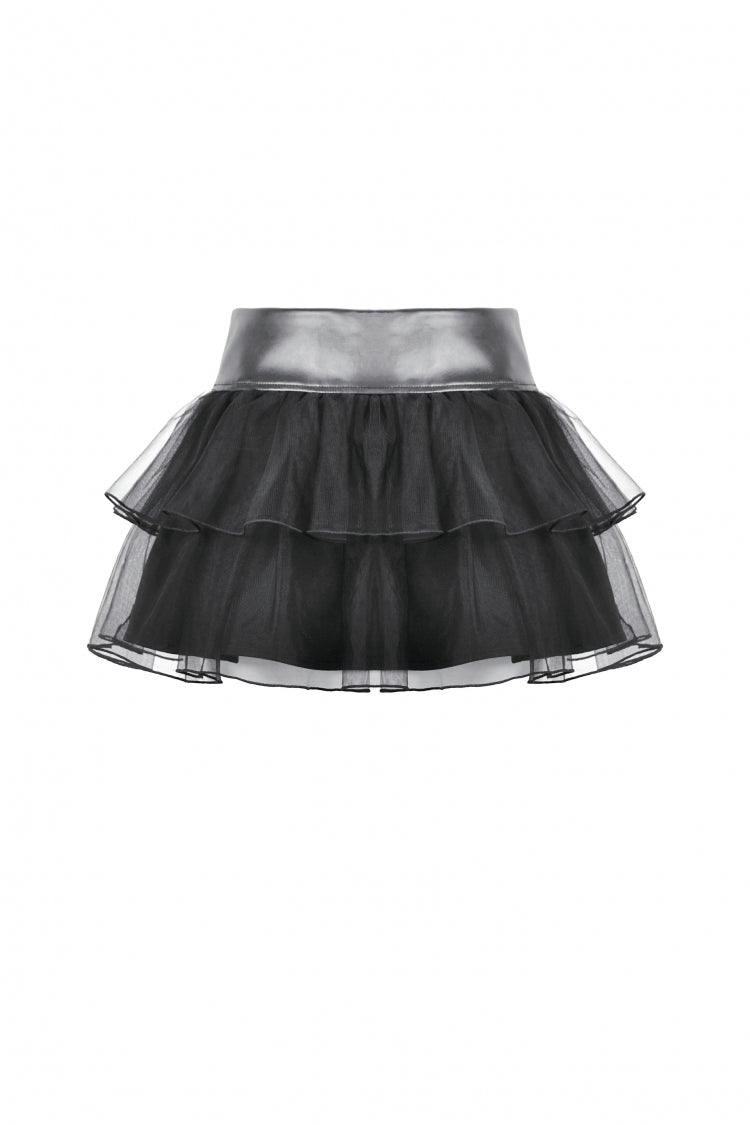 Black Multi-Layered Lace Mesh Women's Punk Short Skirt with D-Ring Ties Waist