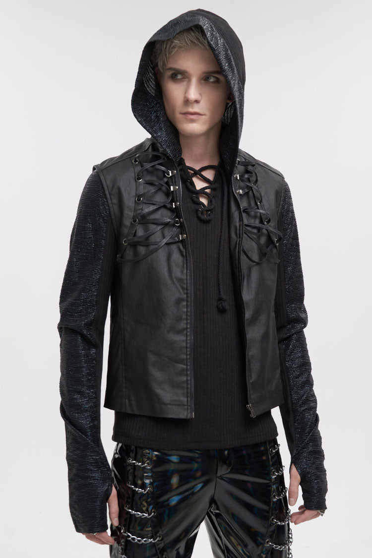 Black Front And Rear String Micro Stretch Cotton Stand Collar Men's Punk Vest