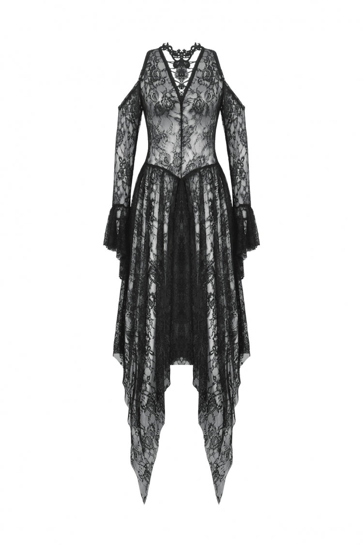 Black Off Shoulder Long Sleeves Women's Gothic Irregular Lace Dress Wedding Dress