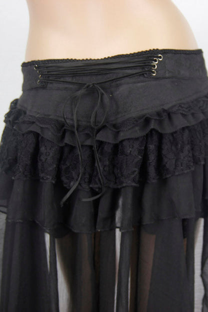 Back Front Buckle Waist Lace Up Chiffon Lace Hem Gothic Short Womens Pants