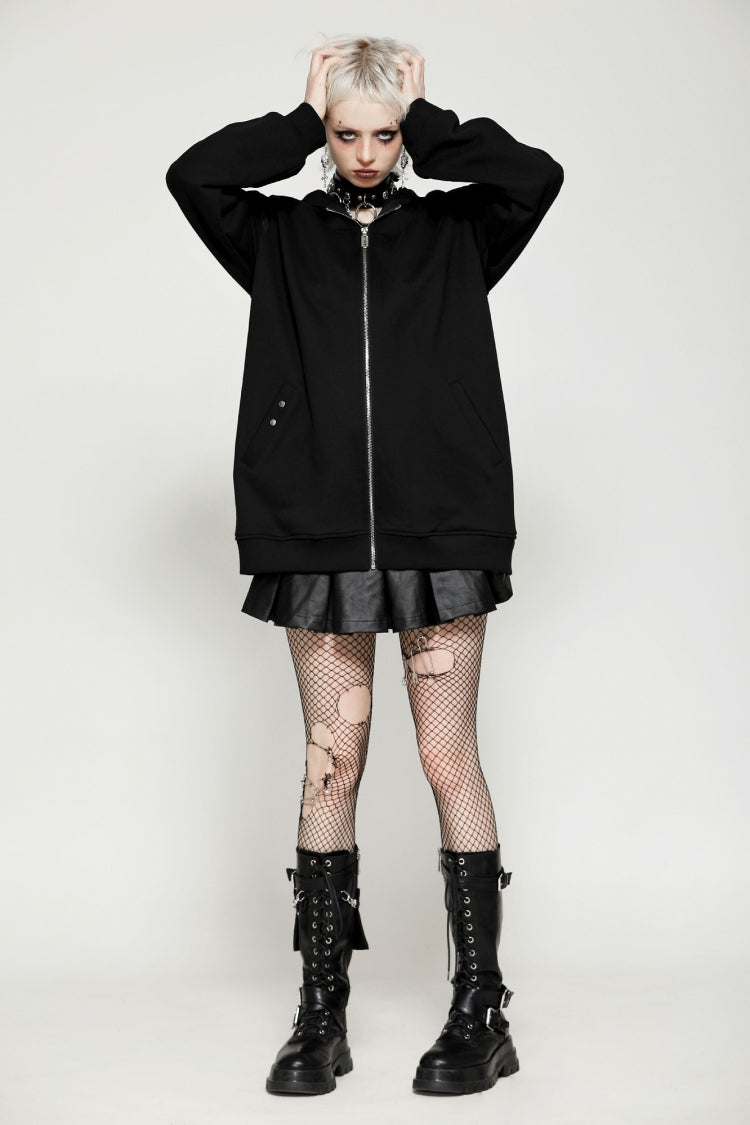 Black Long Sleeves Zippered Women's Gothic Batwing Hoodie