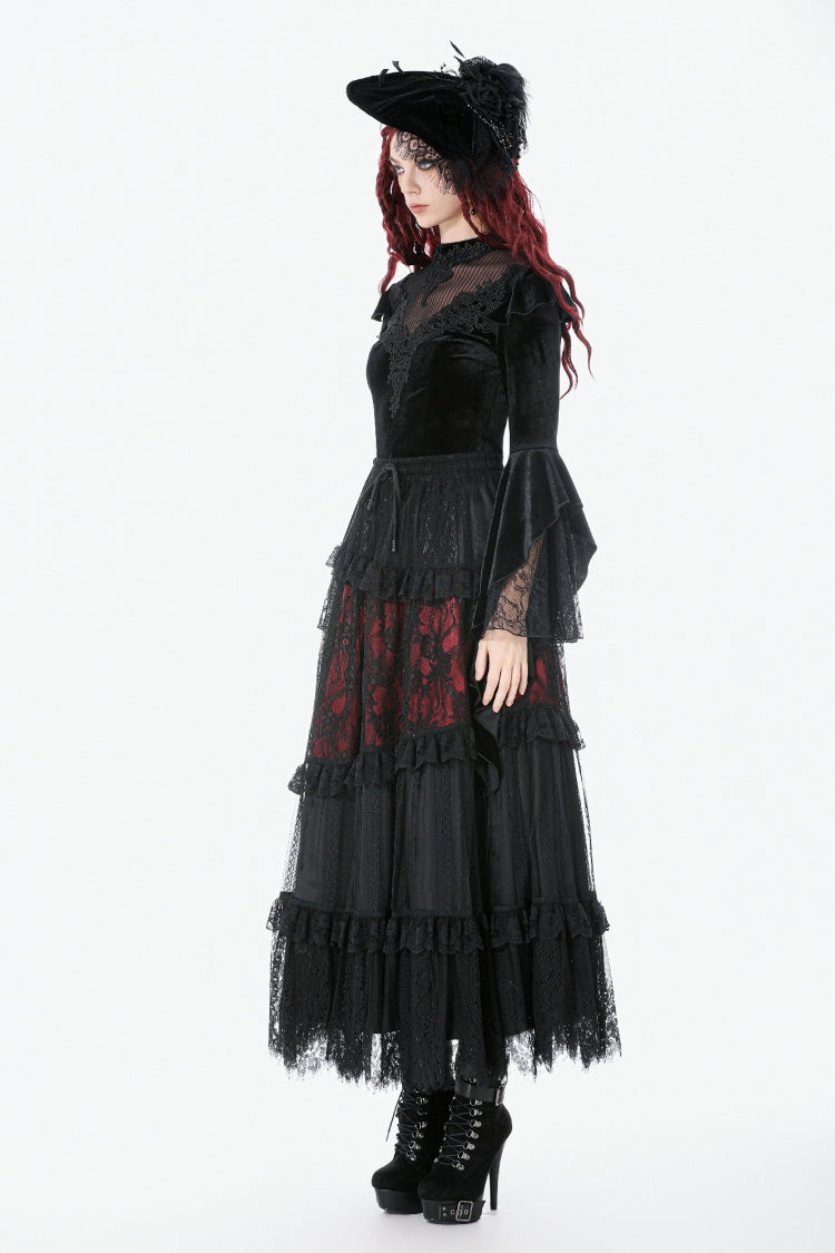 Black Multi-Layered Long Flare Sleeves Embroidered Sheer Mesh Splice Velvet Women's Gothic Top